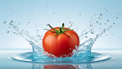 Image of a red tomato falling into water, with spectacular splashes and drops on a blue background. Tomatoes look fresh and juicy