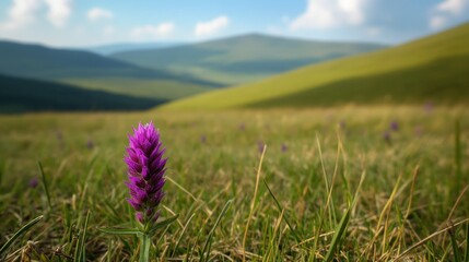 Obraz premium Purple Flower Blooming in Grassy Field with Distant Rolling Hills