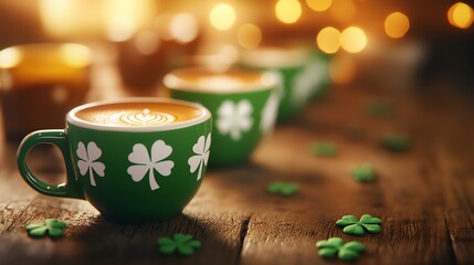 Fototapeta premium A cozy presentation of green coffee cups adorned with shamrocks, evoking warmth and celebration during festive occasions.