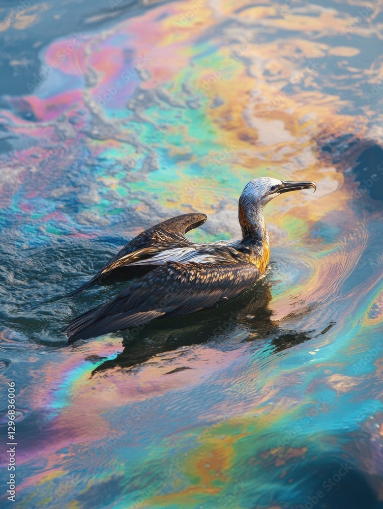 Poster seabird struggles to survive in oil spill with rainbow sheen on ocean surface. generative ai