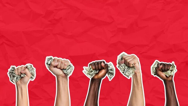 Many hands with banknotes clenched in fists rise from below and shake. Concept of crisis. Empty space for text. Stop motion animation on red paper background