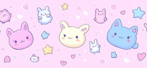 Obraz premium Cute bunny and cat pastel design, stars and hearts background