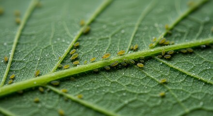 Obraz premium Aphids Infestation on Green Leaf Macro Showing Plant Pest Damage