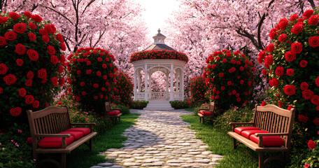 Romantic Gazebo in a Rose Garden with Cherry Blossoms

