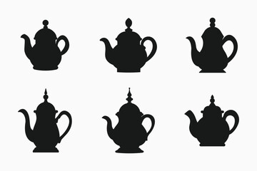 Arabic tea pot kettle silhouette icon bundle set in black and white isolated flat vector illustration for eid celebration