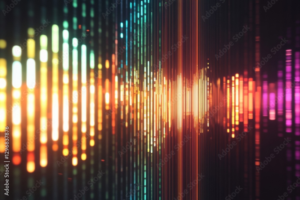 Poster colorful sound wave pattern representing audio frequency with vibrant hues and dynamic lines. genera