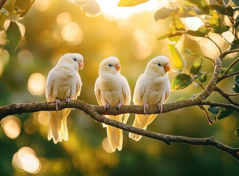 Three pastel-yellow parakeets perched on a branch, bathed in golden sunlight, in a natural outdoor setting.