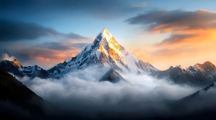 snow capped mountain peaks cutting through a dramatic cloudy sky at sunset creating a breathtaking and serene natural landscape  This image evokes a sense of the raw power of the natural world