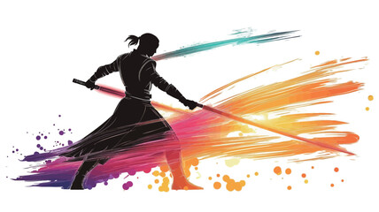 Fototapeta premium The image is a vector illustration featuring a black silhouette of a warrior figure wielding two swords. The warrior is depicted in a dynamic pose, suggesting movement and action. Behind the