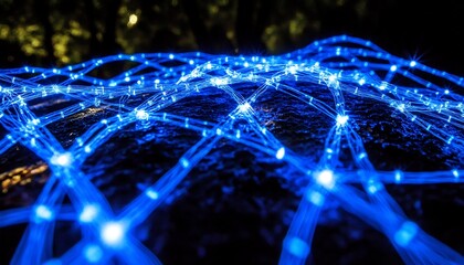 A network of blue lights shining above textured dark surface