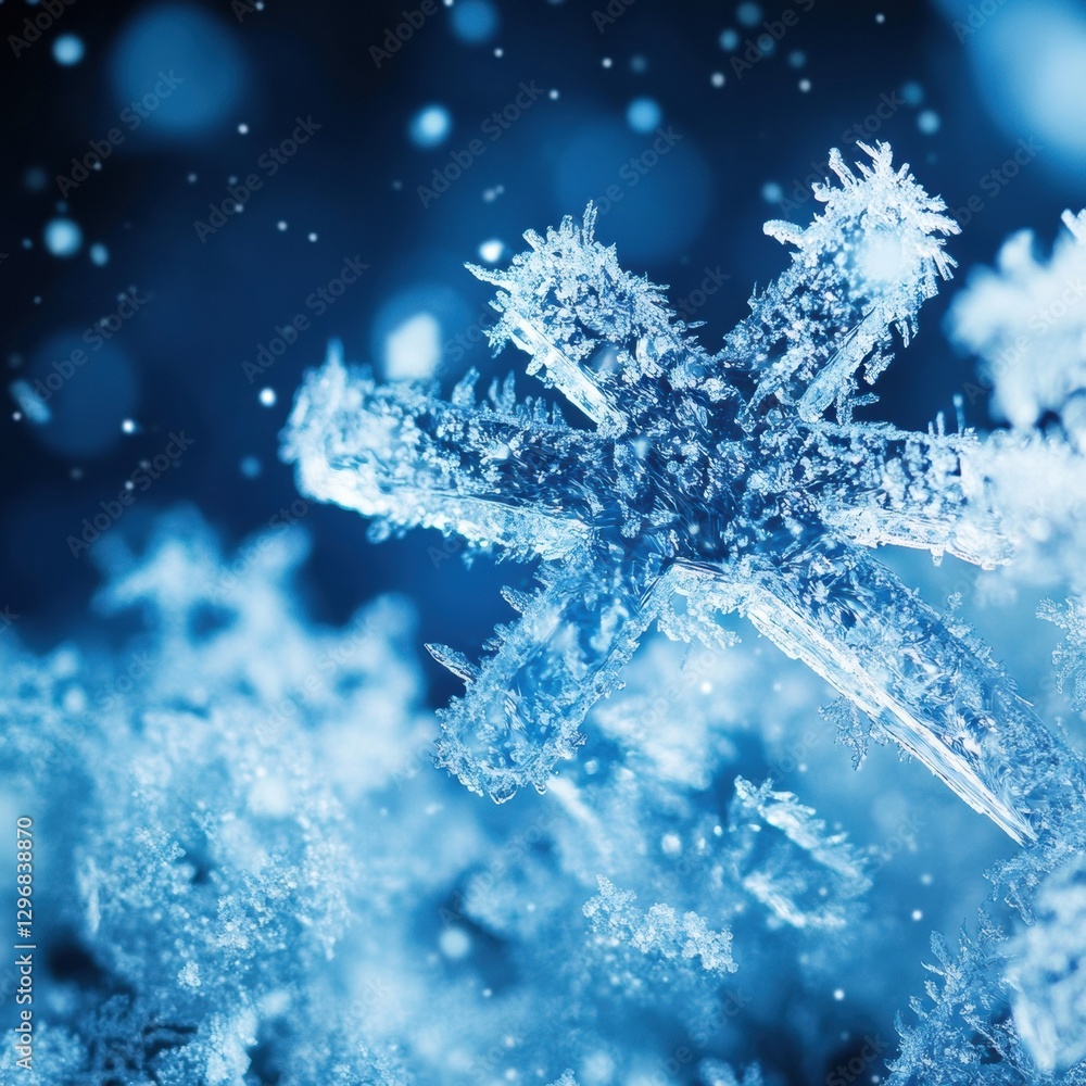 Fototapete frosty snowflake showcasing intricate patterns under soft blue lighting amidst a winter backdrop. ge