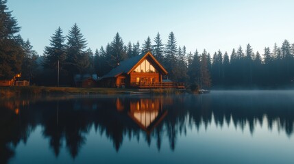 Obraz premium Tranquil Lake at Dusk with Charming Rustic Cabins