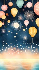 Obraz premium watercolor summer vibe cute Colorful lanterns illuminate the night sky, creating a festive atmosphere by shimmering water. Perfect for celebrations.