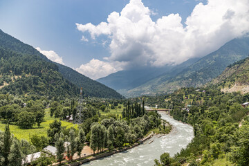 Beautiful landscape with mountains and the Sind River, near Gund village in Jammu and Kashmir, India.