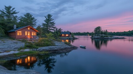 Fototapeta premium Tranquil Lake Dusk with Charming Rustic Cabins