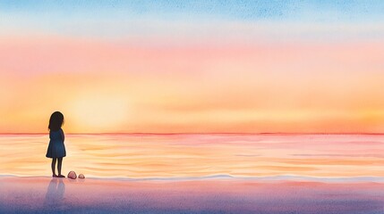 Fototapeta premium watercolor summer vibe cute A serene silhouette of a child standing by the ocean at sunset, captivated by tranquil beauty and reflection.