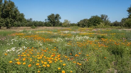Fototapeta premium Field of Wildflowers Blooming Under Blue Sky in Sunny Meadow