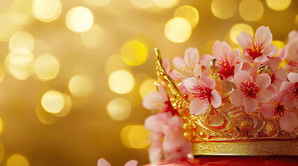 Traditional Japanese emperor crown with cherry blossoms, bright gold background
