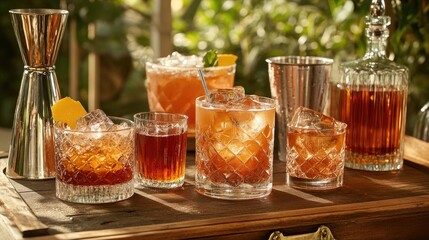 A stylish bar cart featuring cocktail glasses, a shaker, and a selection of premium drinks.