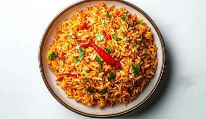 Red Rice Dish with Chili Peppers and Parsley in a Bowl