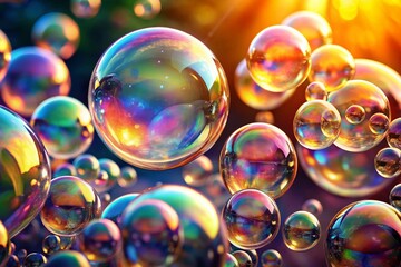 Naklejka premium Sparkling Clear Bubbles Floating in Air, Right Side Copy Space, Clean Background