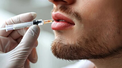 Male cosmetology procedure focusing on lip enhancement with syringe in professional setting