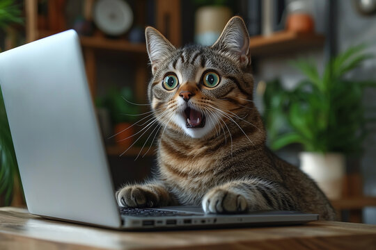 Tabby Cat with Surprised Expression Using Laptop, Funny Pet Reaction Concept