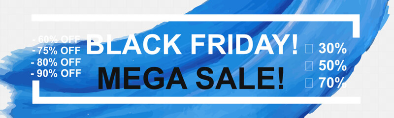Black Friday sale banners with abstract brush strokes, modern typography, and promotional discount labels.