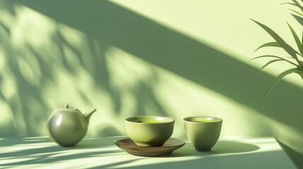 Fototapeta premium Traditional Japanese tea set with matcha, bright green background