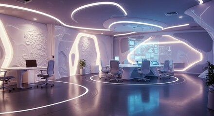 Futuristic High-Tech Office with Interactive Displays