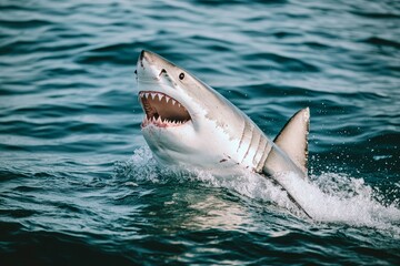 Fototapeta premium Majestic Great White Shark Breaching the Ocean Surface with Effort