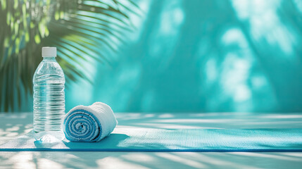Obraz premium Yoga mat with a water bottle and towel, bright blue background
