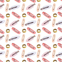 Watercolor illustrations of hairpins and hair items. Hand-drawn seamless pattern of isolated clip art on a white background. Bright and stylish pictures of realistic hairpins and hair care devices for