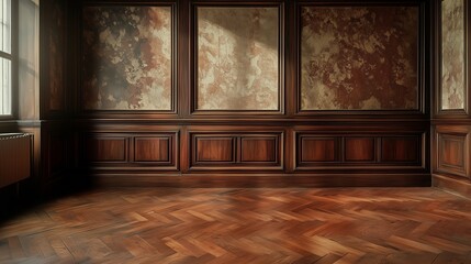 Old building with wooden parquet floor, wooden wainscoting panels and wallpaper.