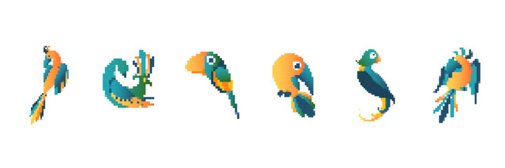 Obraz premium Creative pixel art parrots designed in vibrant colors, showcasing unique styles and imaginative poses.