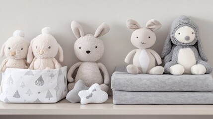 A well-organized nursery shelf filled with baby essentials and soft toys.