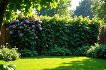 Obraz premium Lush Green Garden Fence Adorned with Blooming Purple Vines and Vibrant Green Foliage, Creating a Serene and Peaceful Backyard Oasis