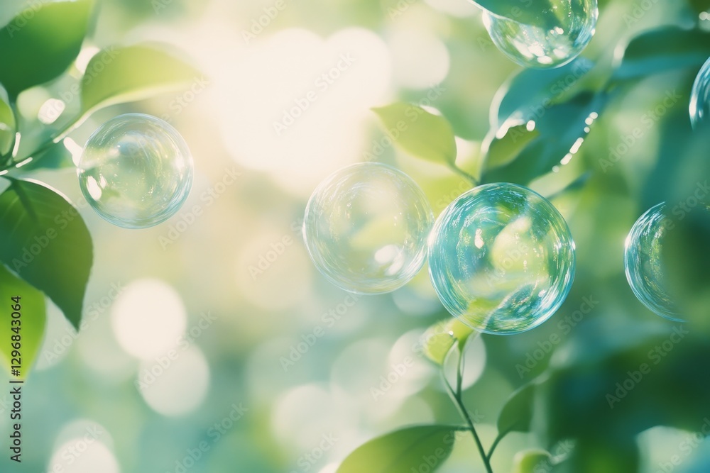 Poster sunlight through leaves with soap bubbles, nature background abstract with blur and bokeh