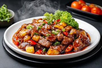 A steaming plate of stir-fried liver with chili and garlic on a white plate