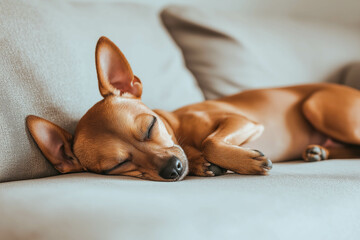 A miniature pinscher sleeps on the sofa, on a soft beige background. The dog is resting. The dog is tired and sleeping