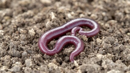 Organic farming concept. Earthworm crawling on soil, showcasing its textured body and natural habitat.