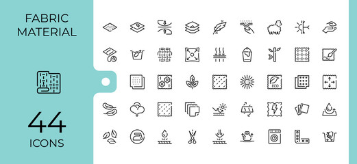 Fabric Material vector line icon set. Contains such icons as stain, wool, uv, water, silk, breathable, cotton, anti. Web icons. Minimalist editable vector stroke.