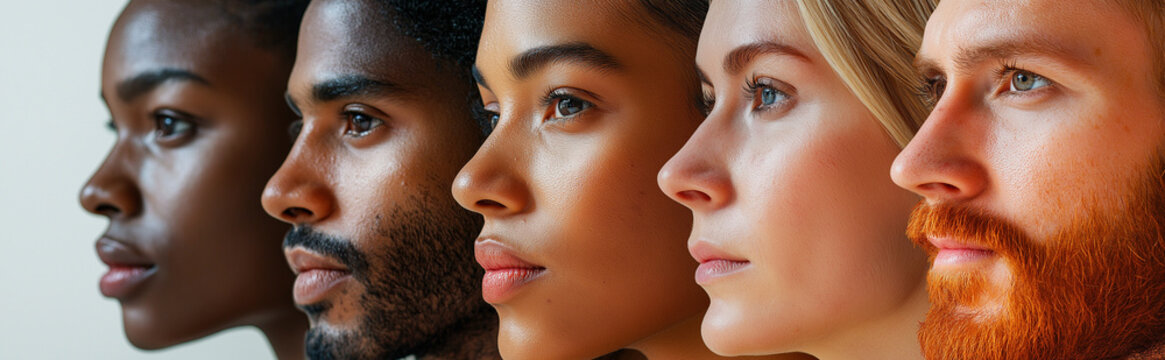 Plusieurs visages diff&eacute;rents, chacun repr&eacute;sentant des hommes et des femmes avec des tons de peau et des couleurs de cheveux diff&eacute;rents, roux, blond, brun et noir