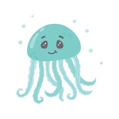 Vector illustration of a cartoon blue jellyfish isolated on a white background. Kawaii character, blue jellyfish