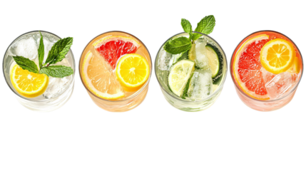 Png of Refreshing citrus-infused drinks with ice, garnished with lemon, grapefruit, lime, and mint leaves in glass tumblers on transparent background.
