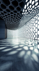 A modern interior showcasing a honeycomb-patterned ceiling and wall, with soft light filtering through, creating a stunning play of shadows on the polished floor.