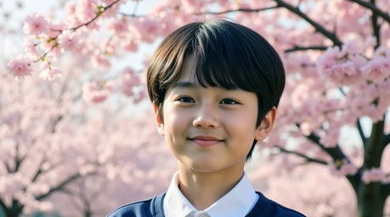 Smiling boy amidst a breathtaking backdrop of cherry blossoms, a picturesque spring scene filled with delicate pink petals and gentle sunlight.