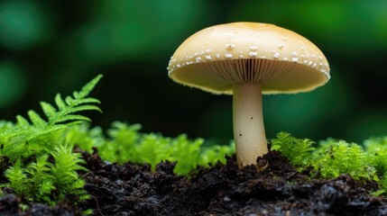 Delicate mushroom rises amidst lush greenery, showcasing nature'