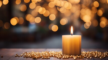 Golden Candle with Warm Flame and Festive Bokeh Lights Creating a Cozy and Serene Atmosphere"
