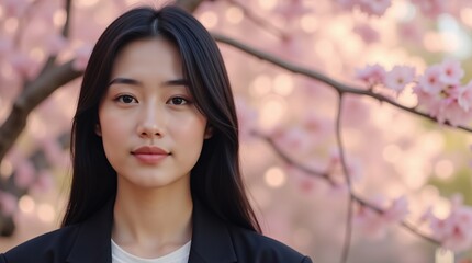 Fototapeta premium Serene beauty amidst a breathtaking backdrop of delicate pink cherry blossoms. A young woman's calm gaze captures the essence of spring's gentle arrival.